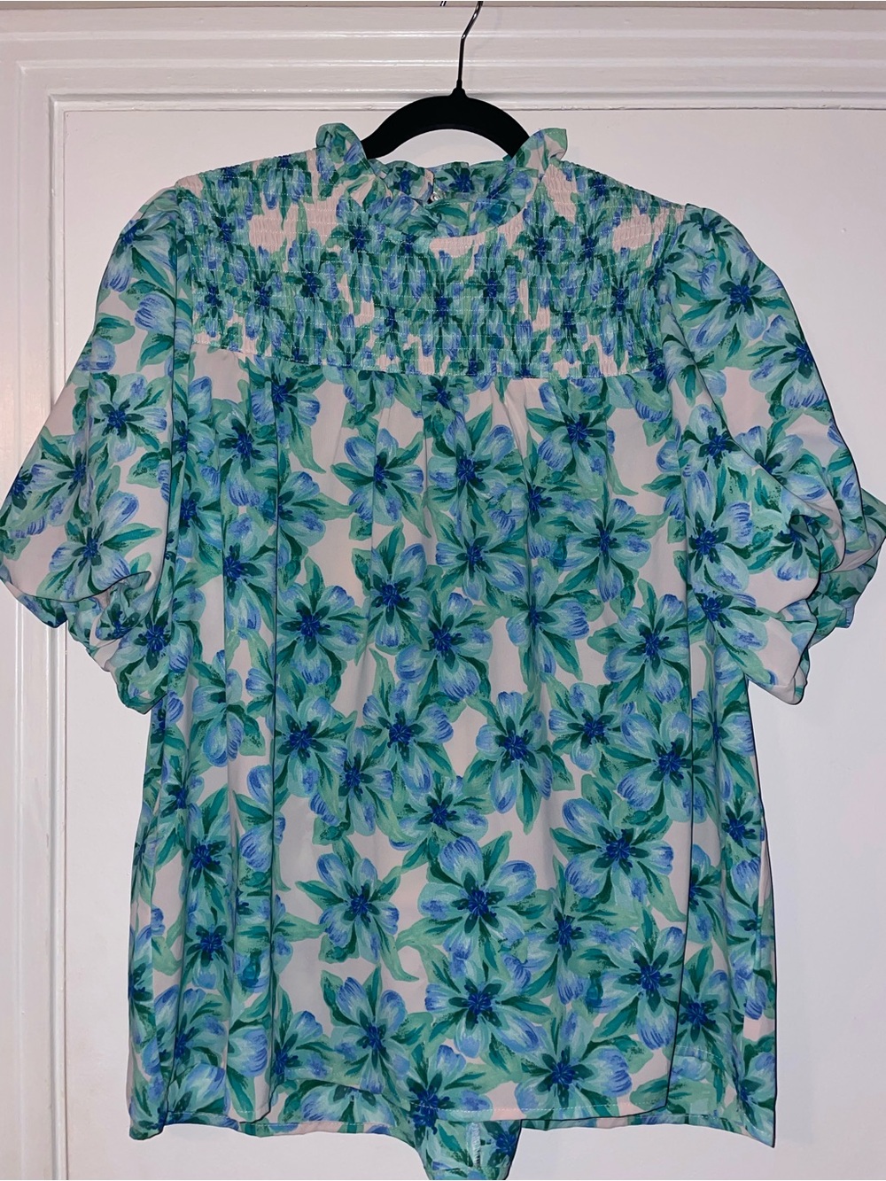 entro Floral Smocked Neck Blouse - Blue & Green on Cream